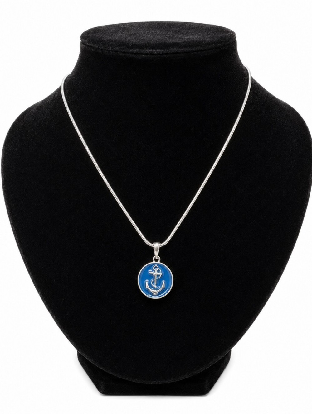 Blue Enamel Anchor Pendant Necklace Silver Tone Snake Chain Nautical Maritime Ch